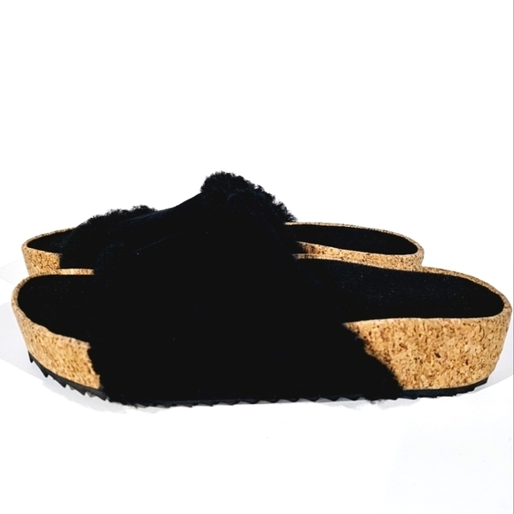 James Perse Black Suede Shearling Cork Slide Sandal Women's Size 6M